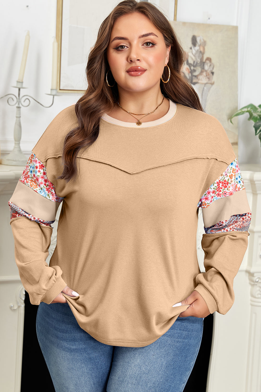 Khaki Exposed Seam Floral Mixed Patchwork Relaxed Plus Size Top