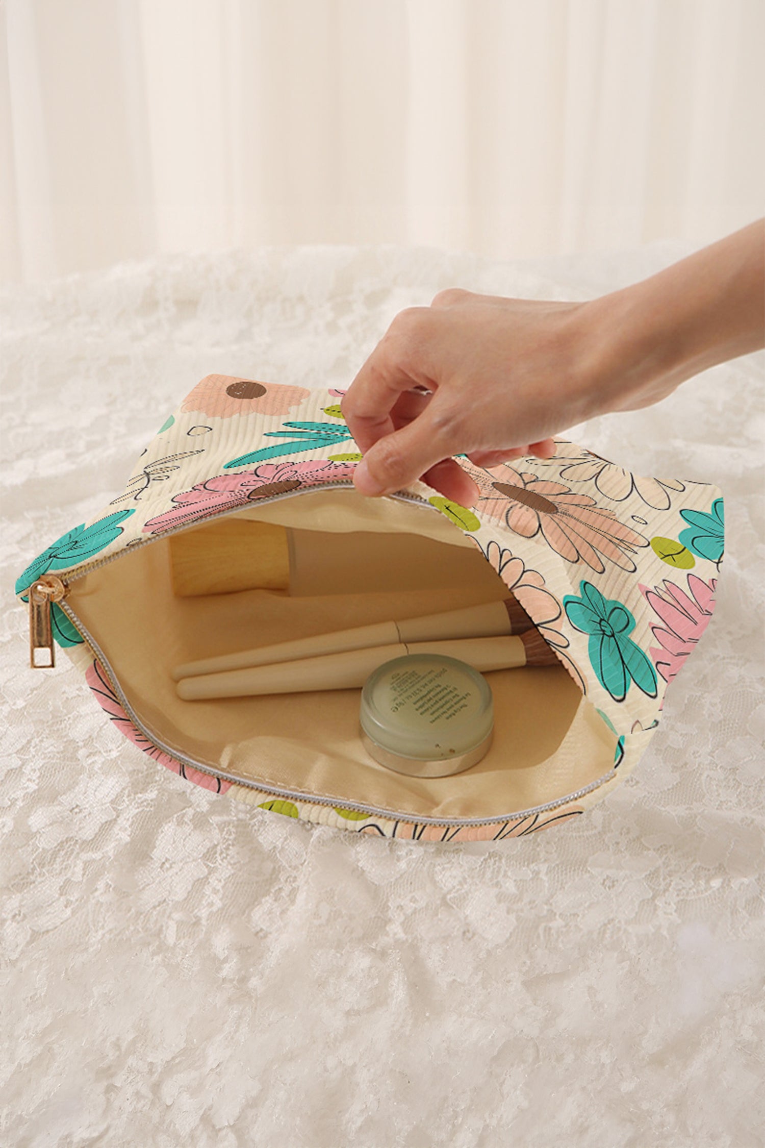 White Floral Print Corduroy Makeup Bag