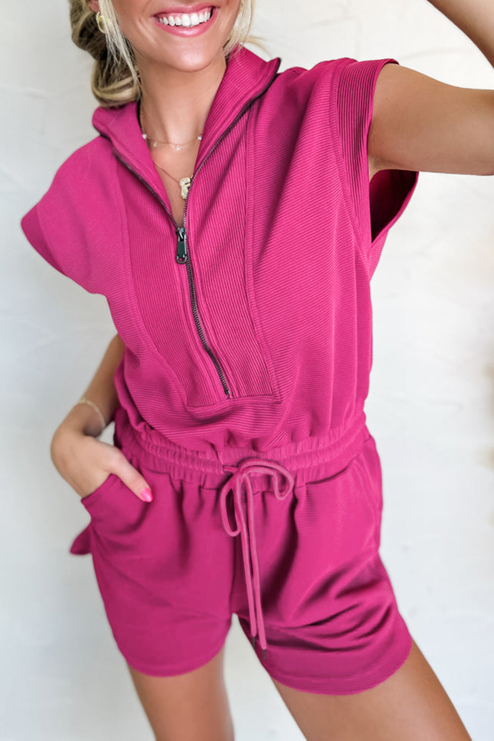 Dark Khaki Textured Short Sleeve Half Zip Drawstring Elastic Waistband Romper