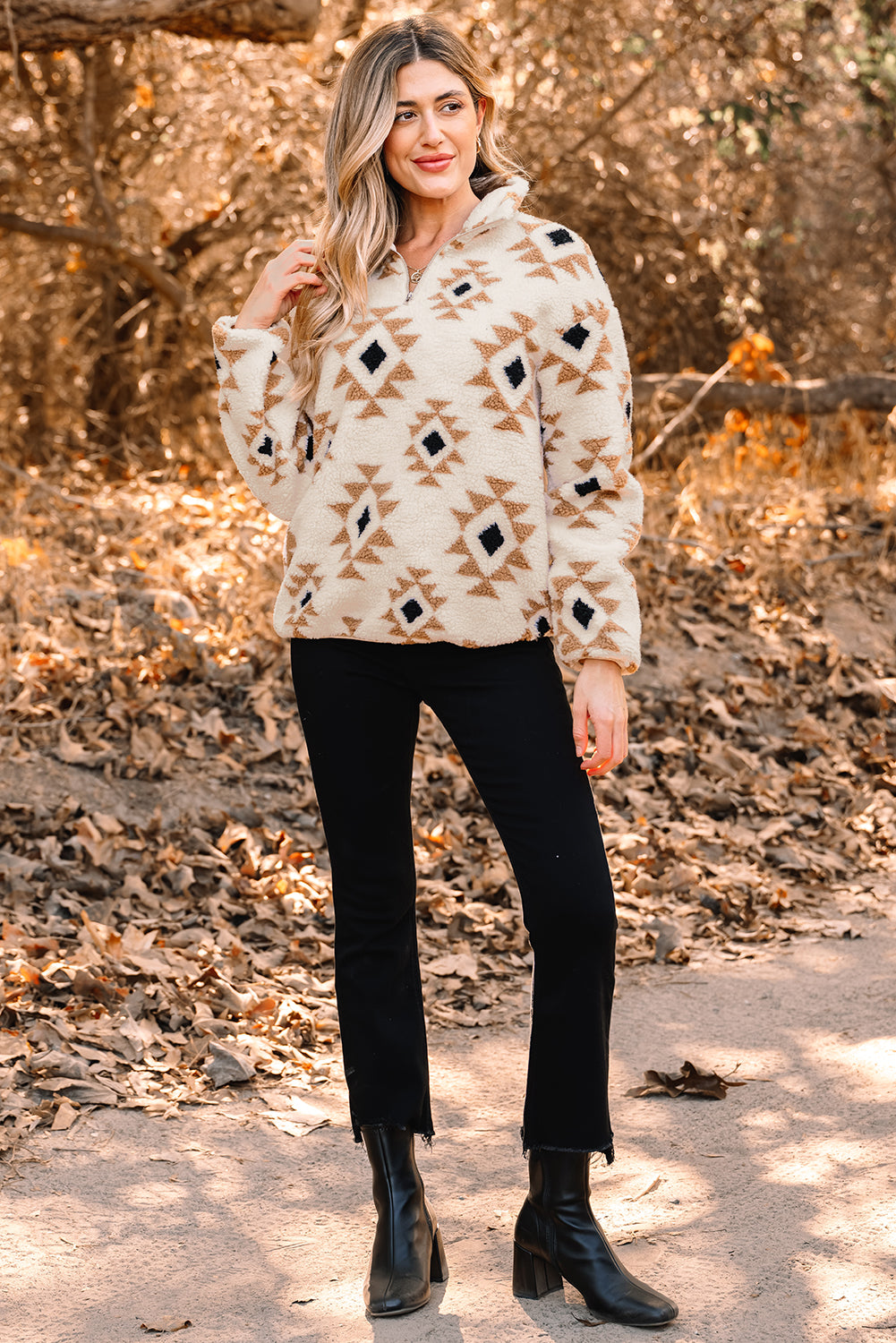 Khaki Aztec Print Sherpa Quarter Zip Collar Sweatshirt