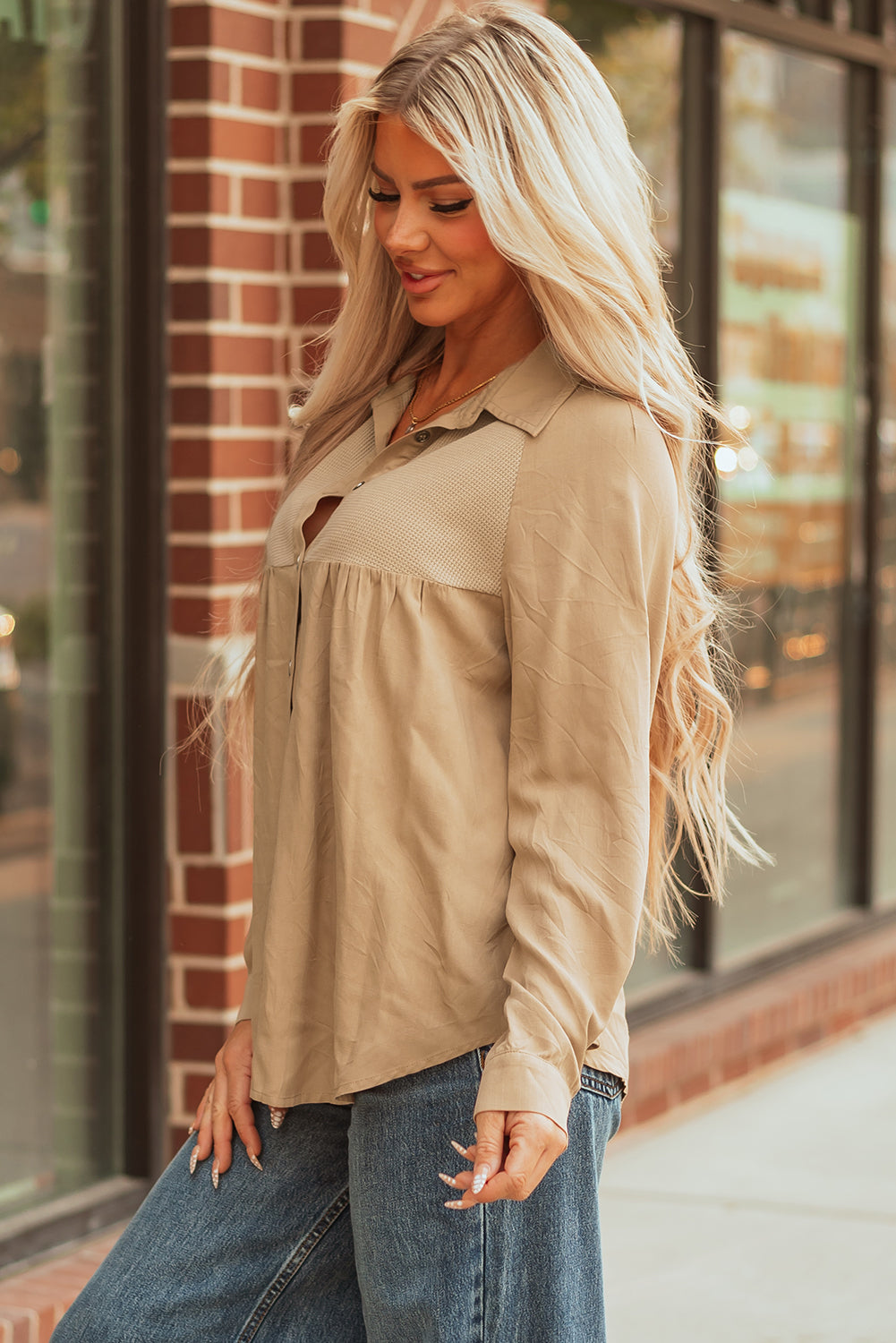 Light French Beige Waffle Patchwork Button Up Frayed Hem Shirt
