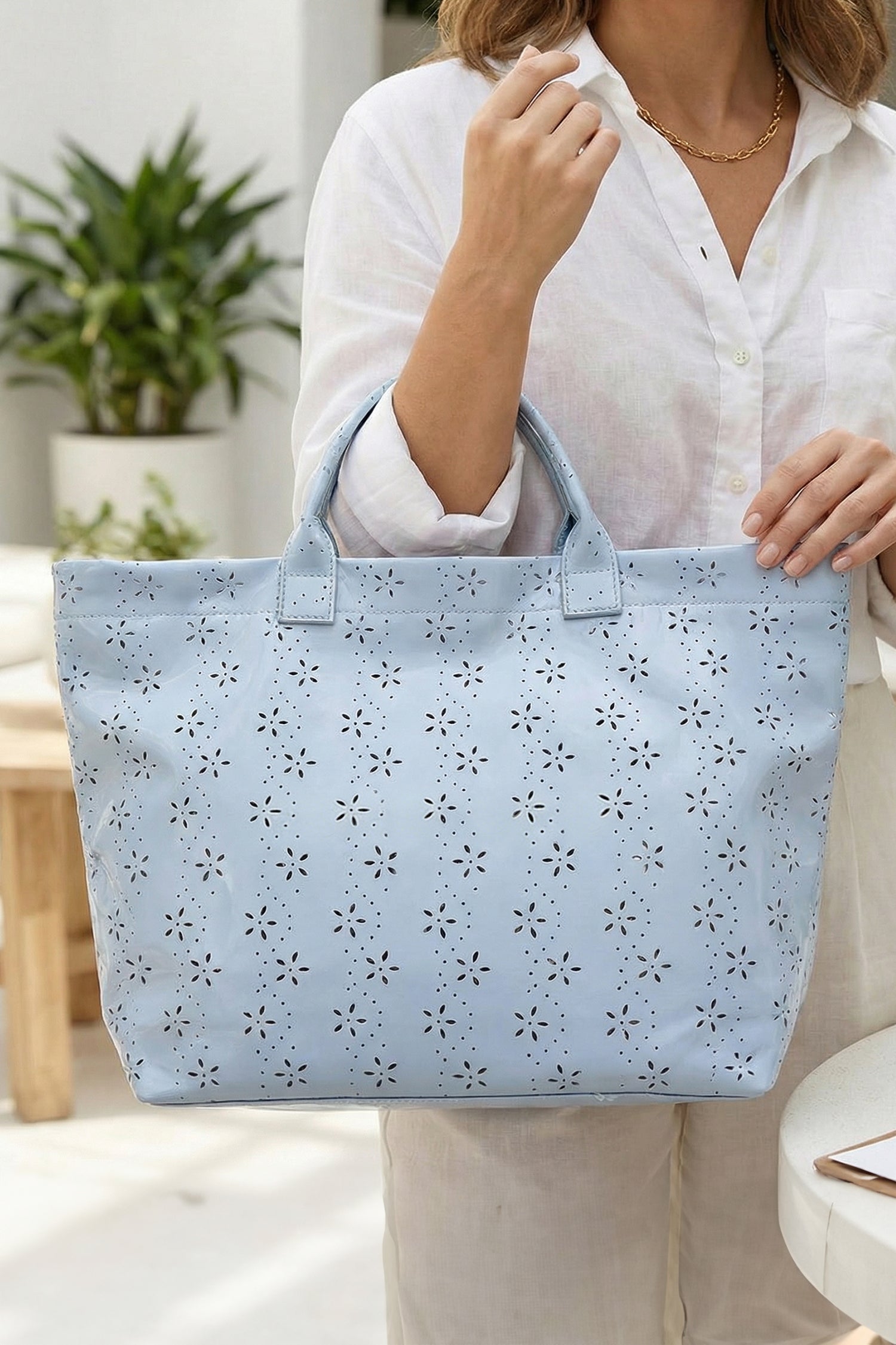 Dusk Blue Eyelet Flower Pattern PVC Glossy Waterproof Tote Bag