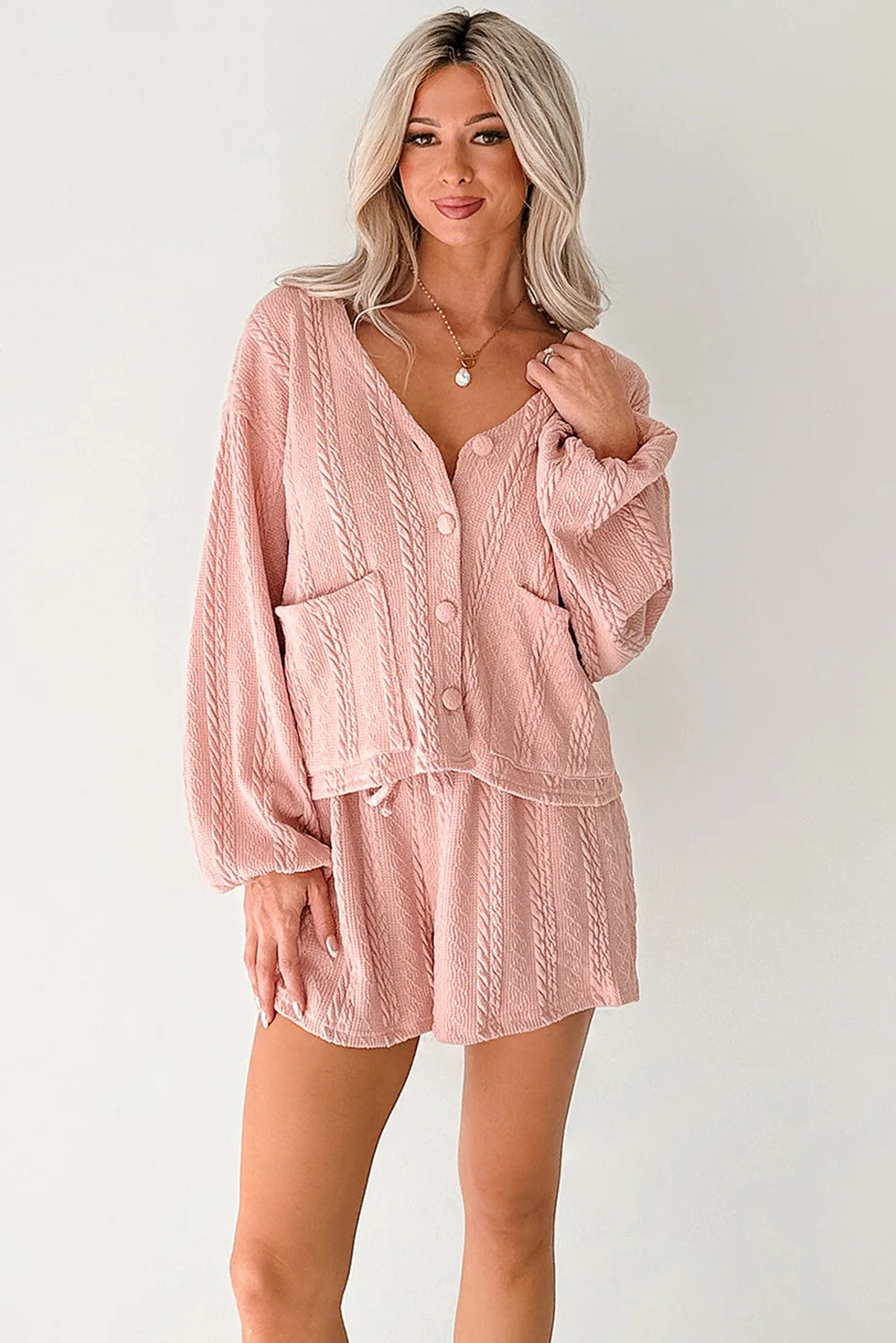 Gossamer Pink Cable Knit V Neck Cardigan Shorts Set