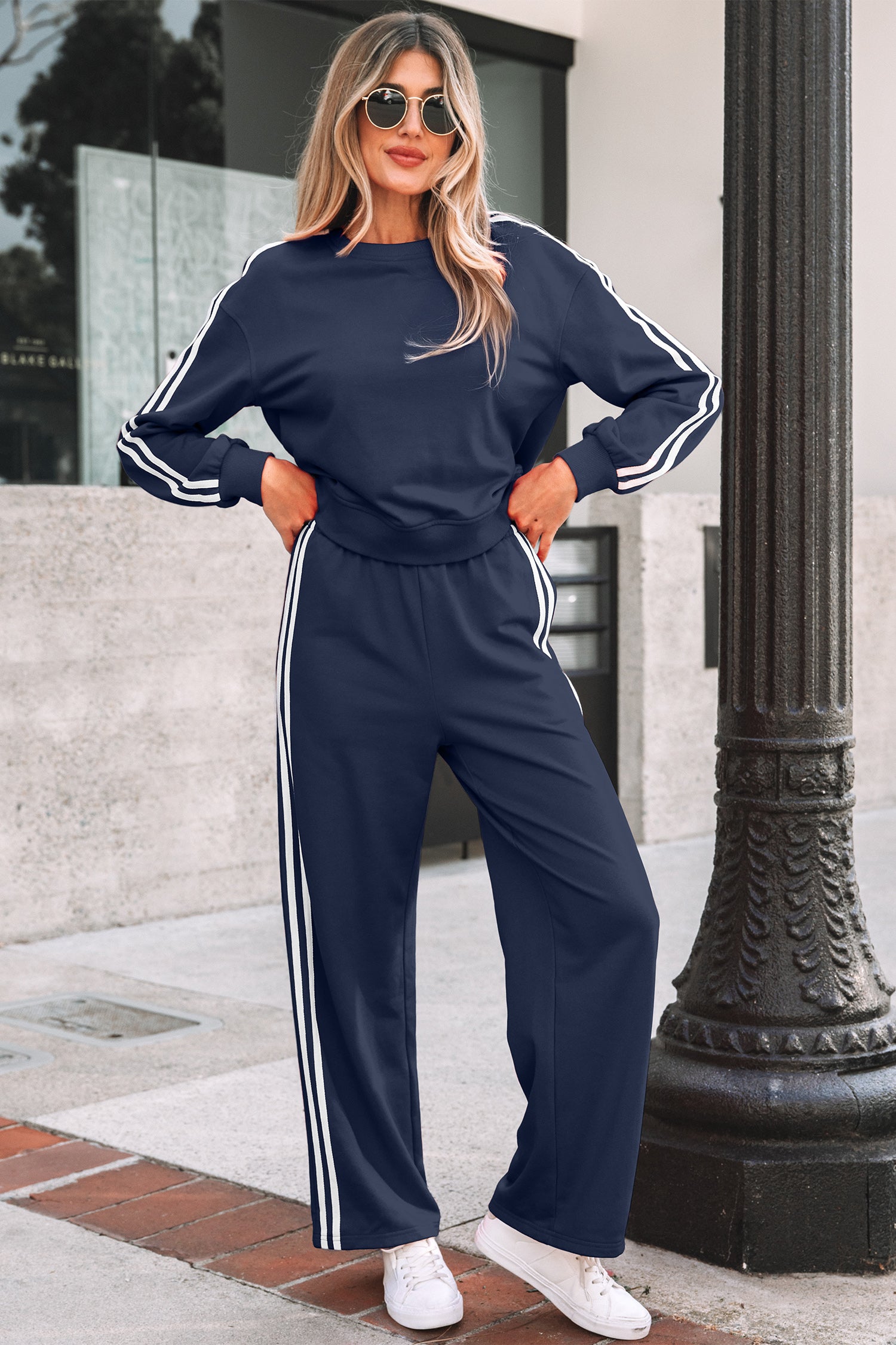 Oatmeal Varsity Striped Detail Crewneck Pullover Elastic Sweatpants 2pcs Outfit