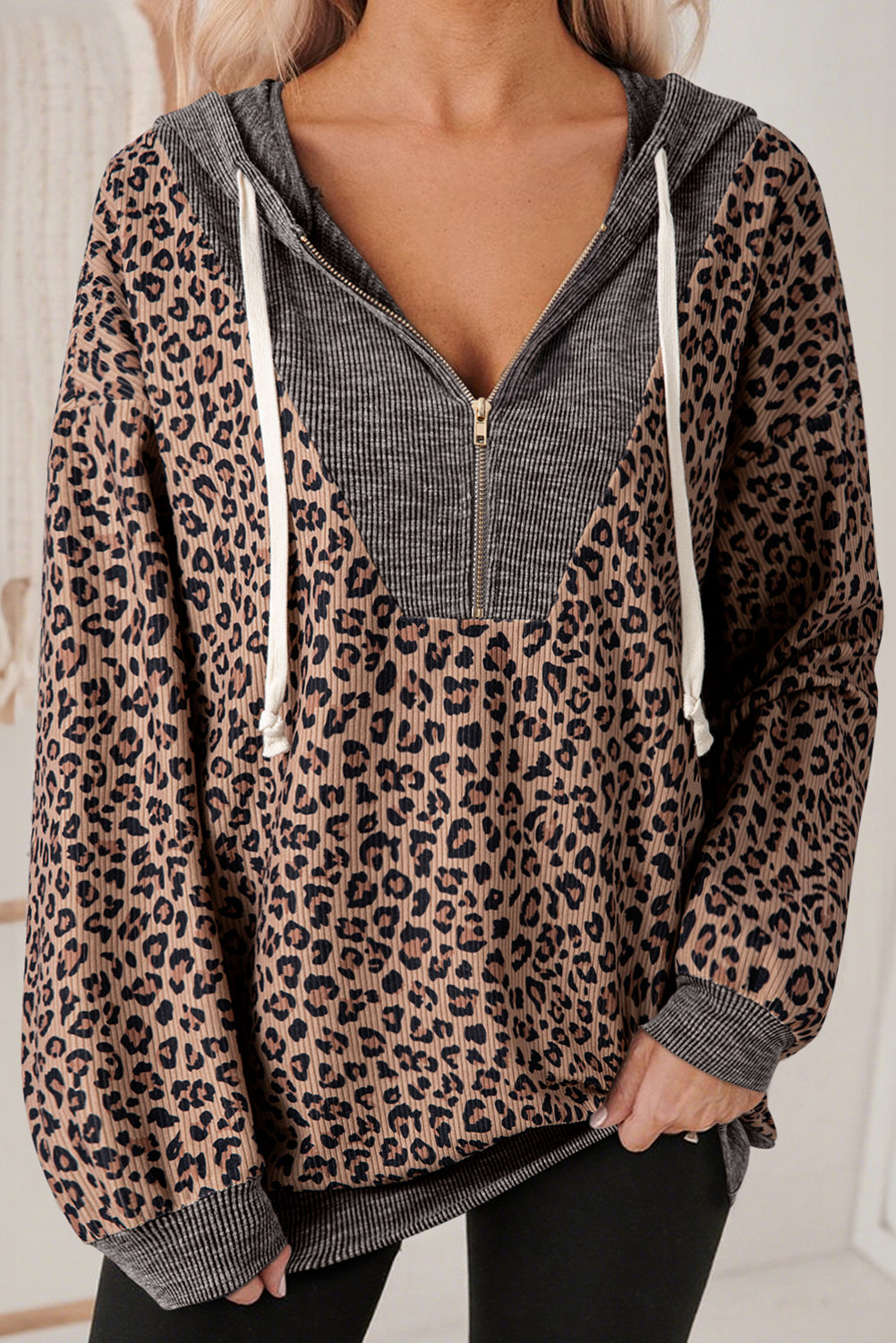Khaki Ribbed Leopard Print Contrast Collar Zip Hooded Pullover Sweatshirt