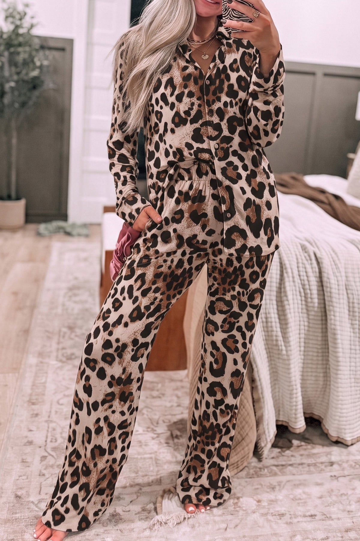 Khaki Leopard Print Button-Up Long Sleeve Two Piece Lounge Set