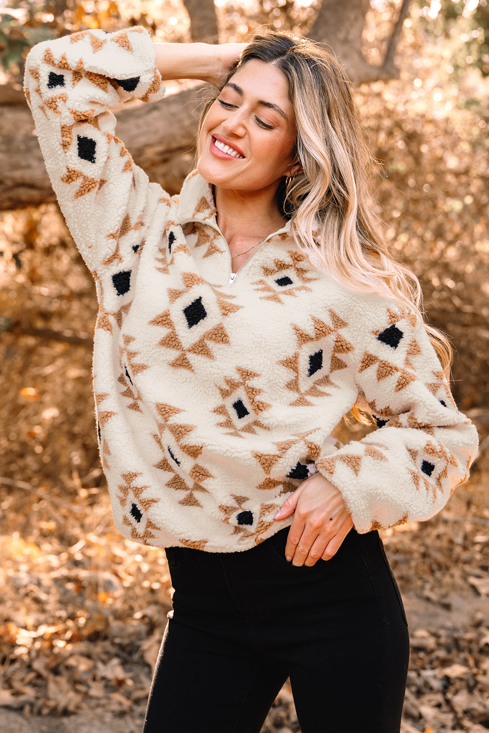 Khaki Aztec Print Sherpa Quarter Zip Collar Sweatshirt
