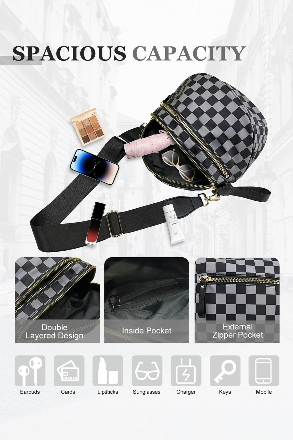 Black white Animal Spots Print Wide Strap Large Crossbody Bag