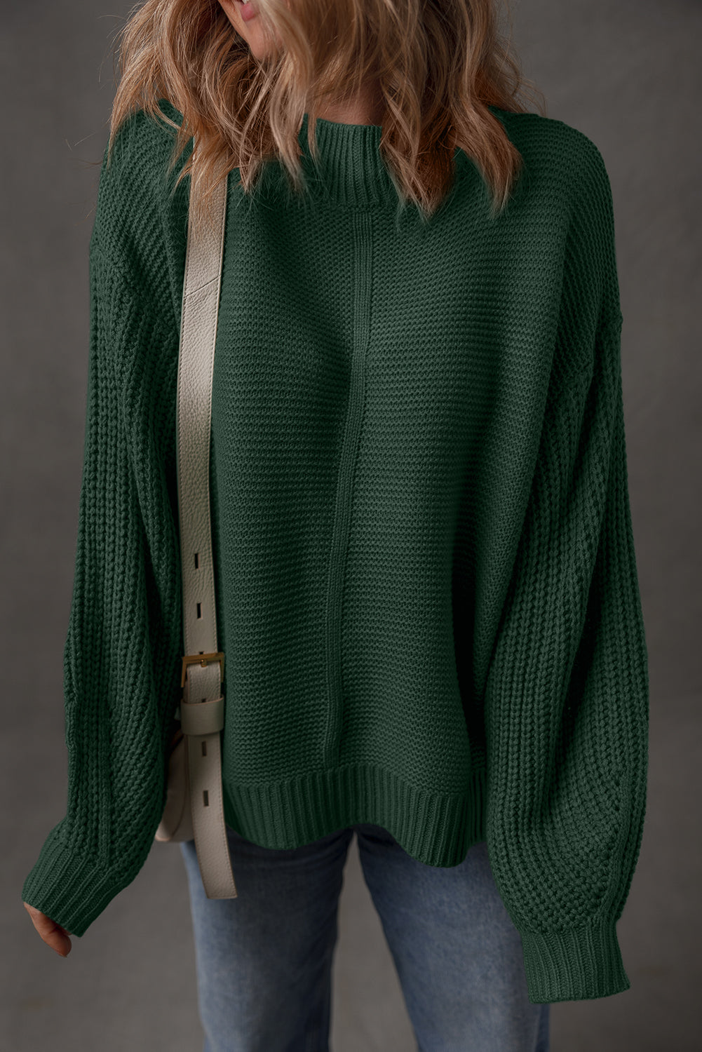 Dirty blue Solid Color Front Seam Drop Shoulder Loose Sweater