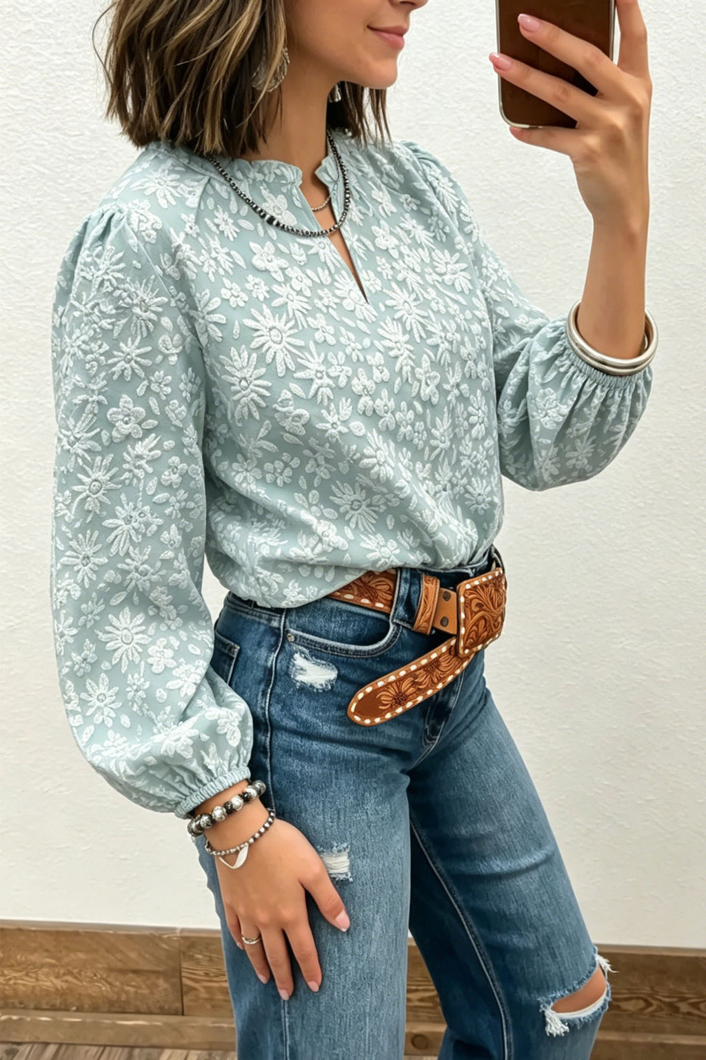 Apricot V Neck Floral Textured Long Sleeve Casual Blouse