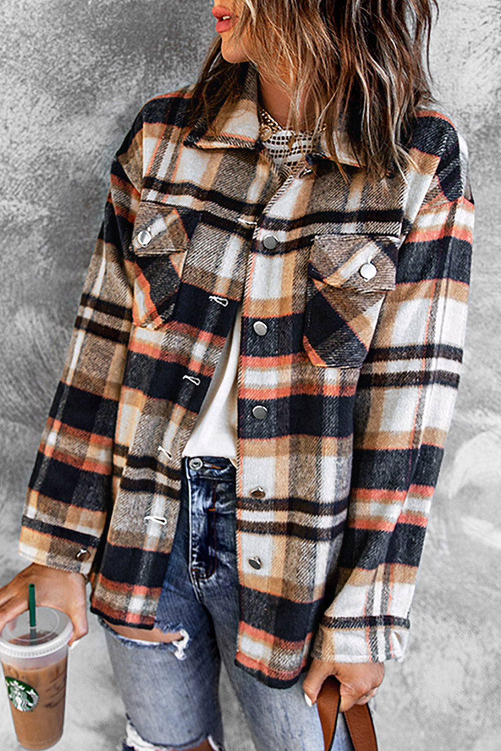 Pink Geometric Plaid Print Pocketed Shacket