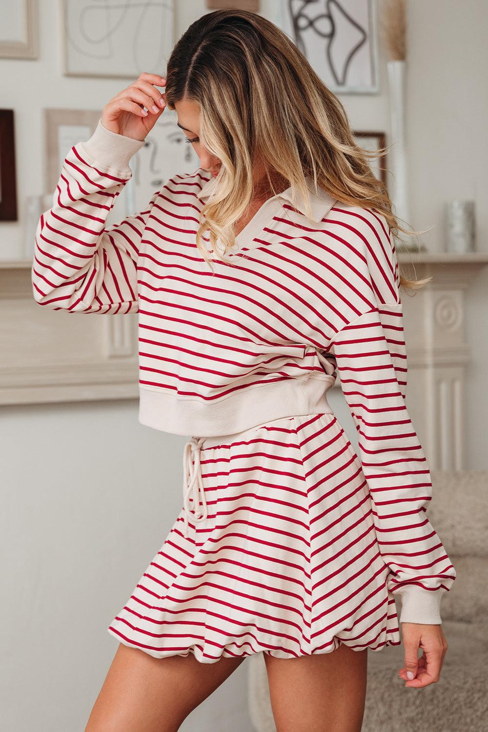 Red Stripe Cropped Collared Drop Shoulder Pullover and Bubble Mini Skirt Set