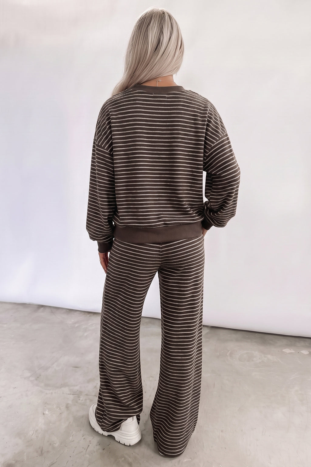 Black Stripe Cozy Terry Knit Long Sleeve Pullover Pocketed Shift Pants 2pcs Sets