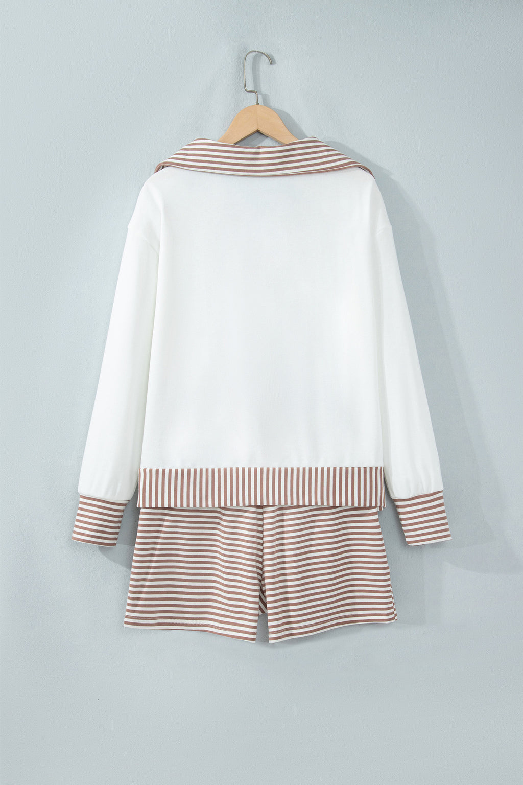 Khaki Stripe Color Block Patchwork Long Sleeve Top Drawstring Shorts Set