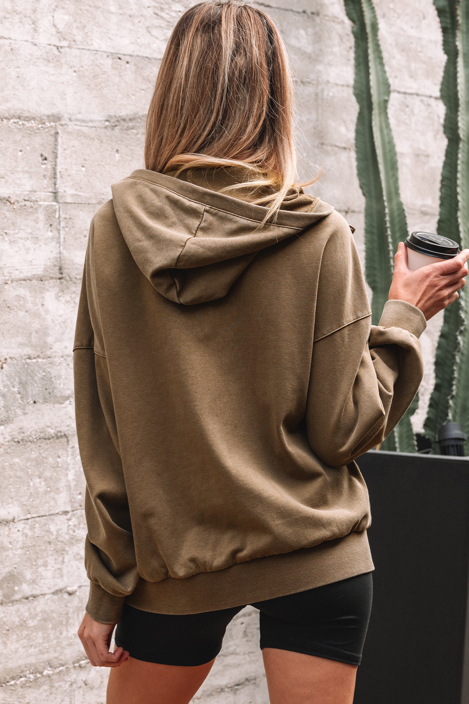 Wild Ginger Half Zip Kangaroo Pocket Mineral Wash Baggy Hoodie