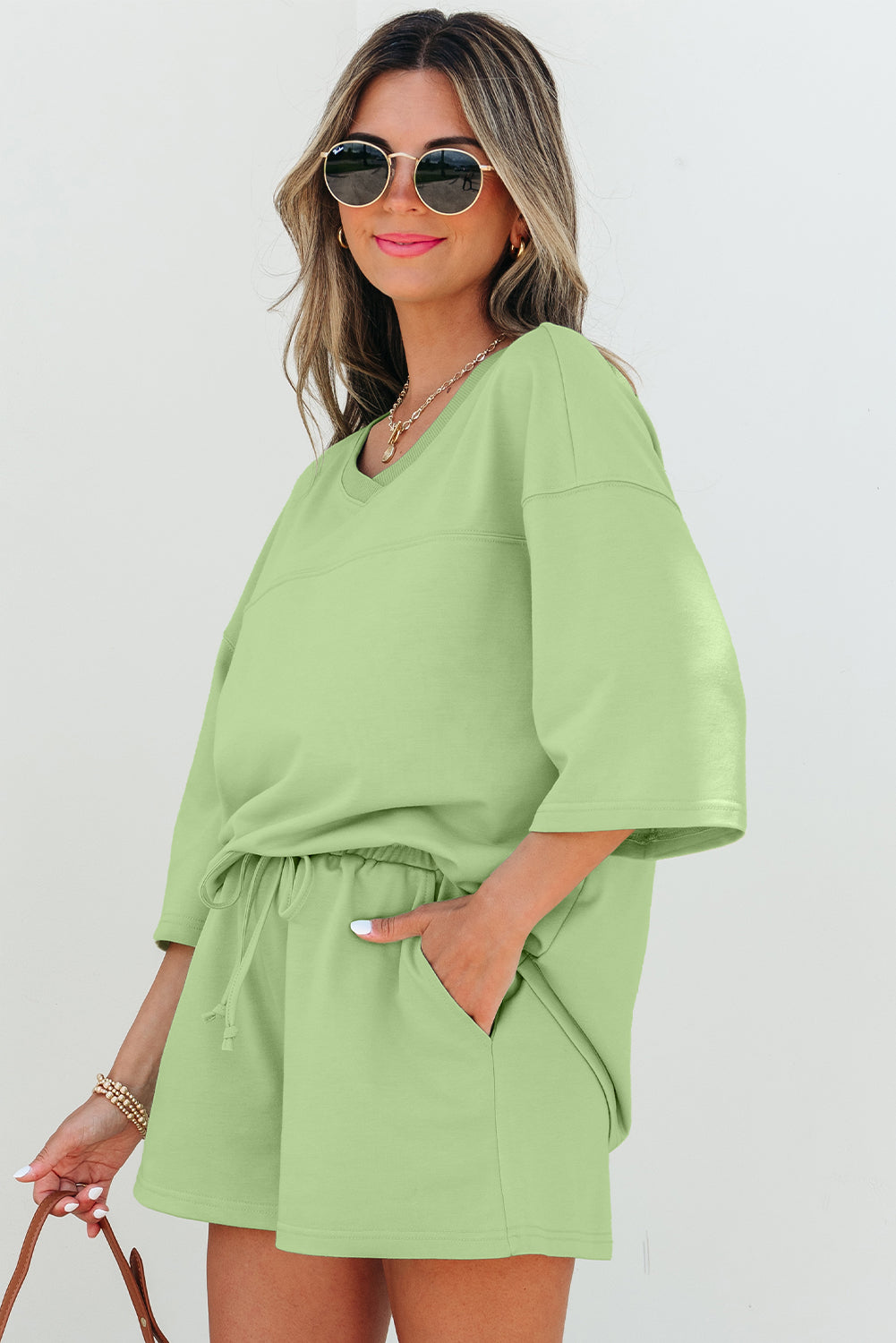 Bonbon Solid Loose V Neck Half Sleeve Tee and Shorts