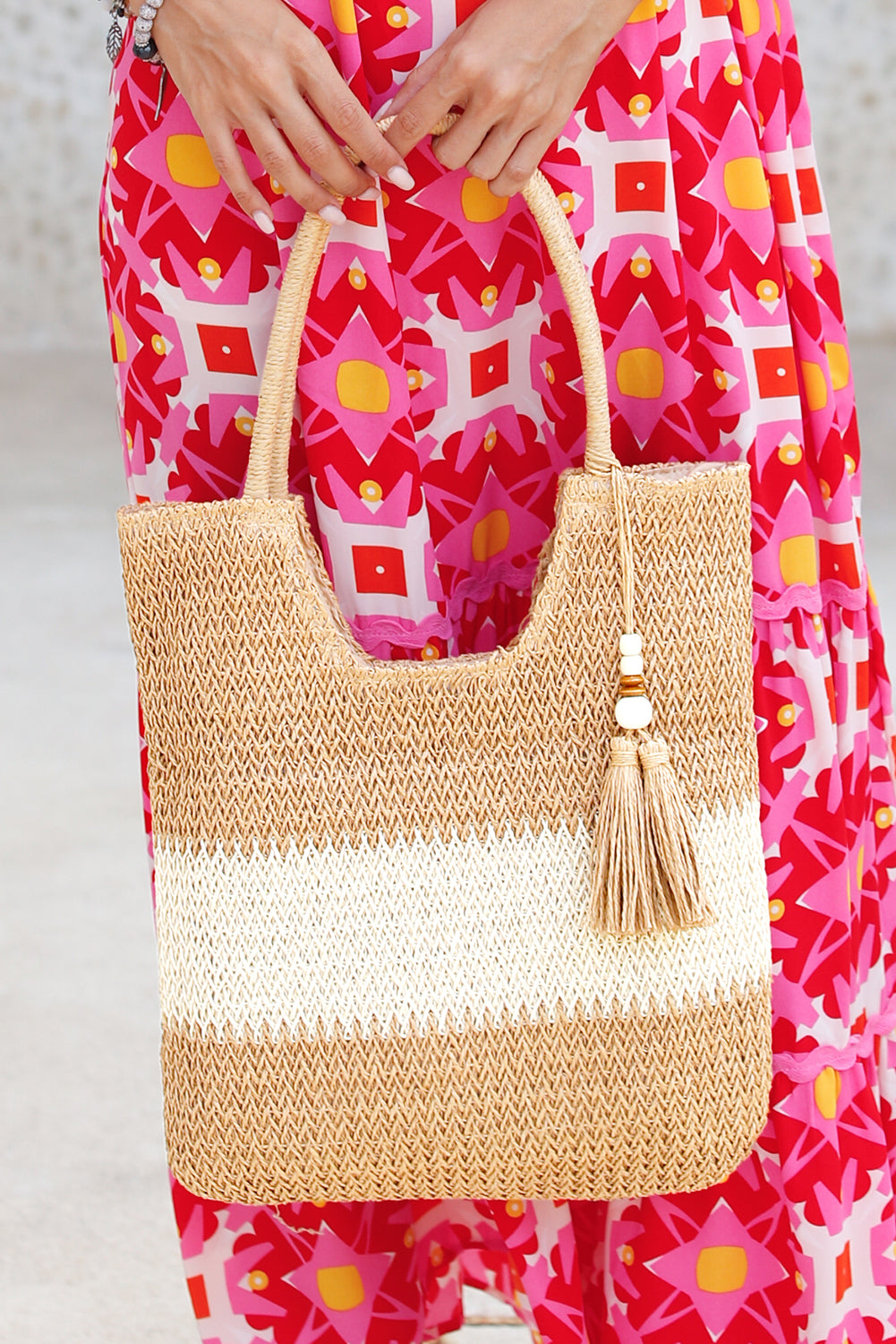 Chestnut Color Block Straw Woven Tassel Decor Tote Bag