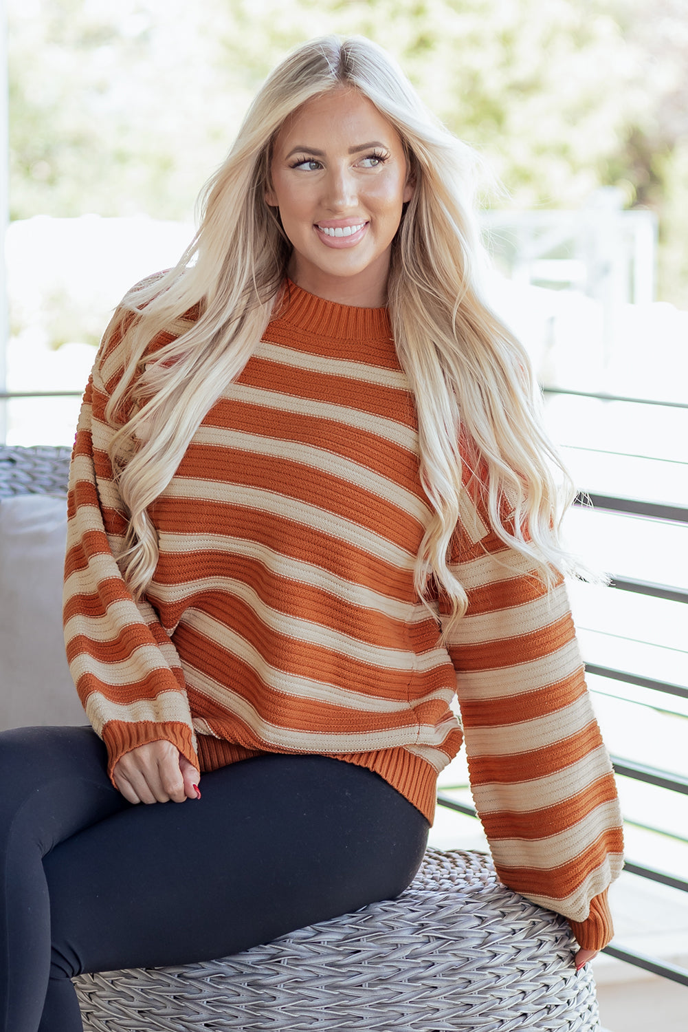 Orange Stripe Ribbed Trim Drop Shoulder Sweater