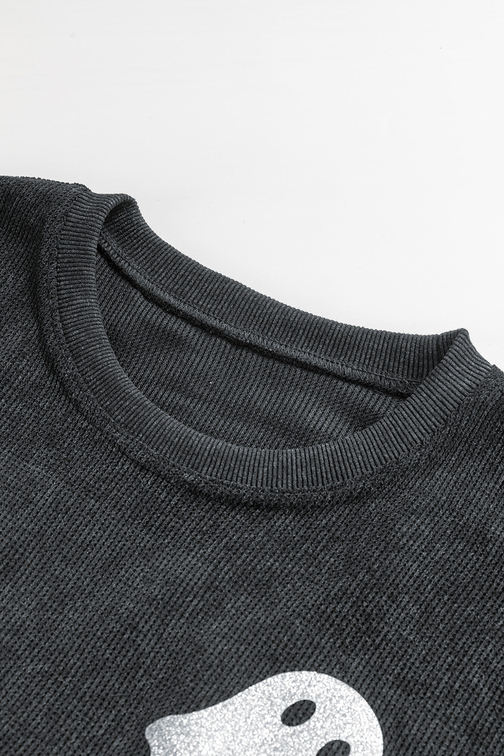 Black Halloween Ghost Corded Crew Neck Loose Sweatshirt