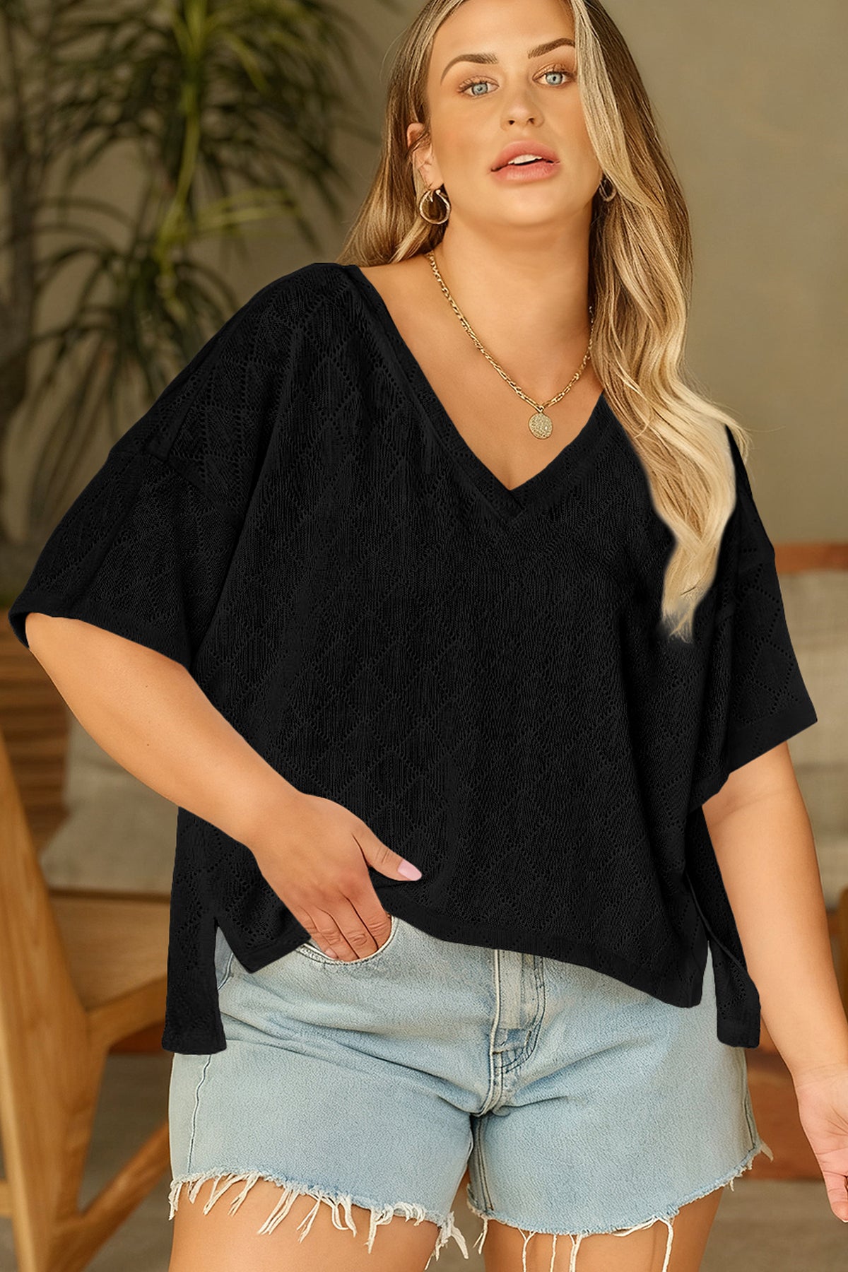 Sky Blue Pointelle Rhombus Knit Plus Size V Neck Loose Top