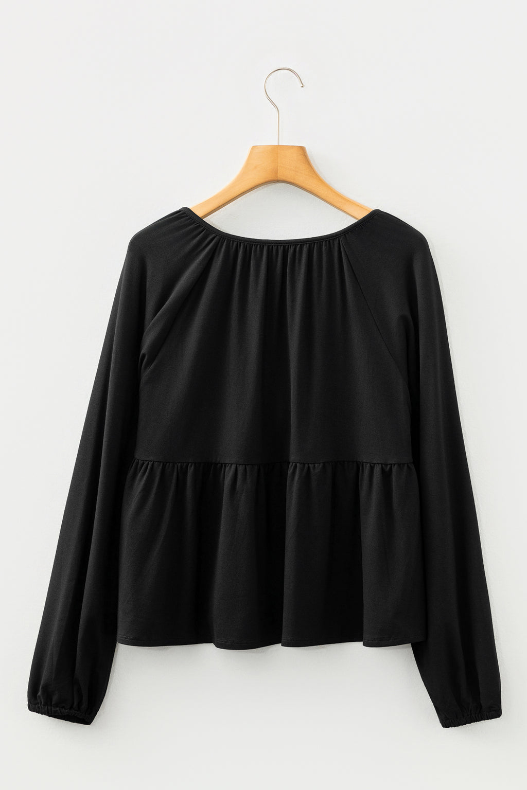 Black Smocked Bust Buttoned Split V Neck Flow Fit Blouse