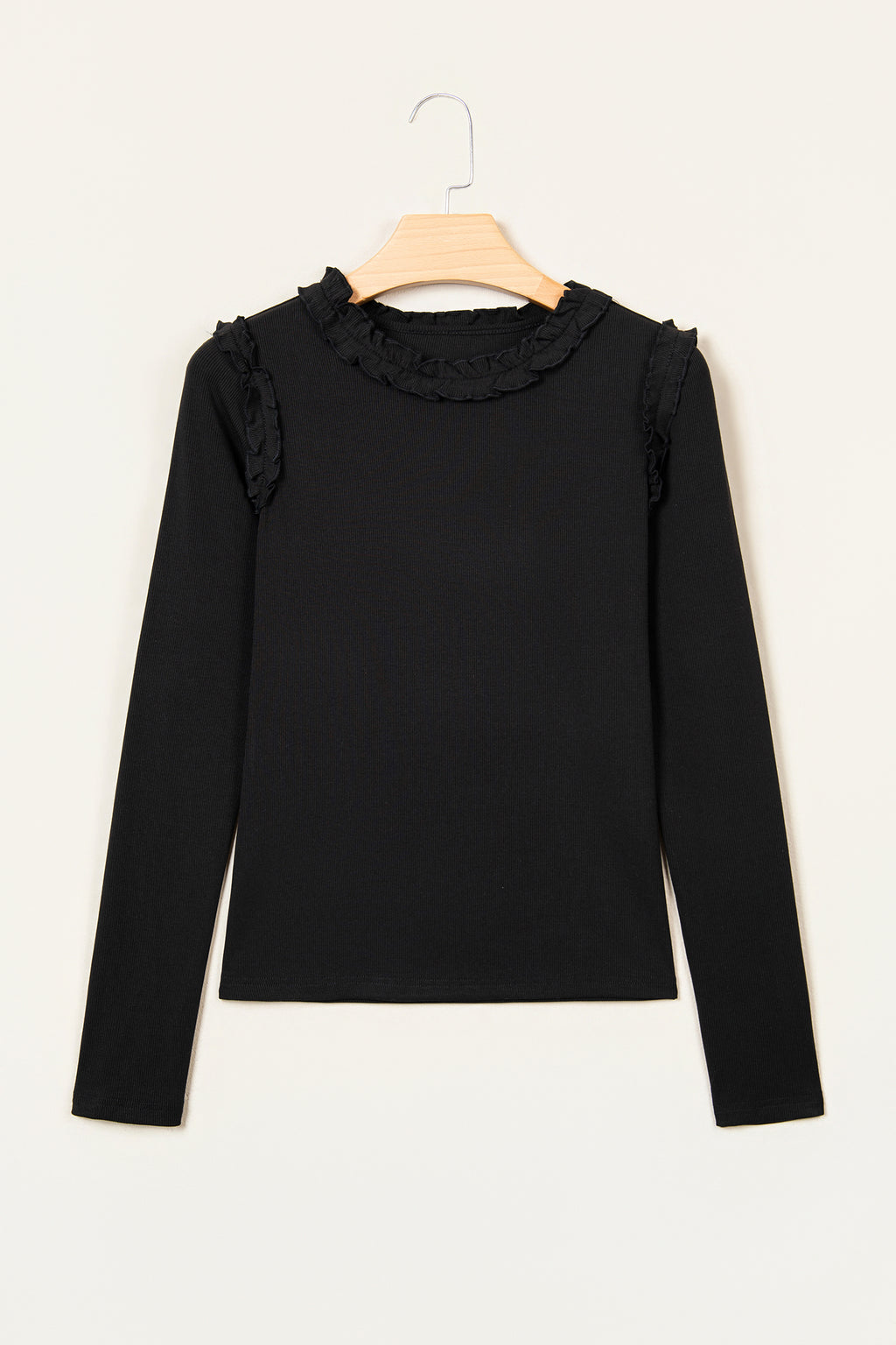 Black Solid Color Round Neck Frill Detail Long Sleeve Top