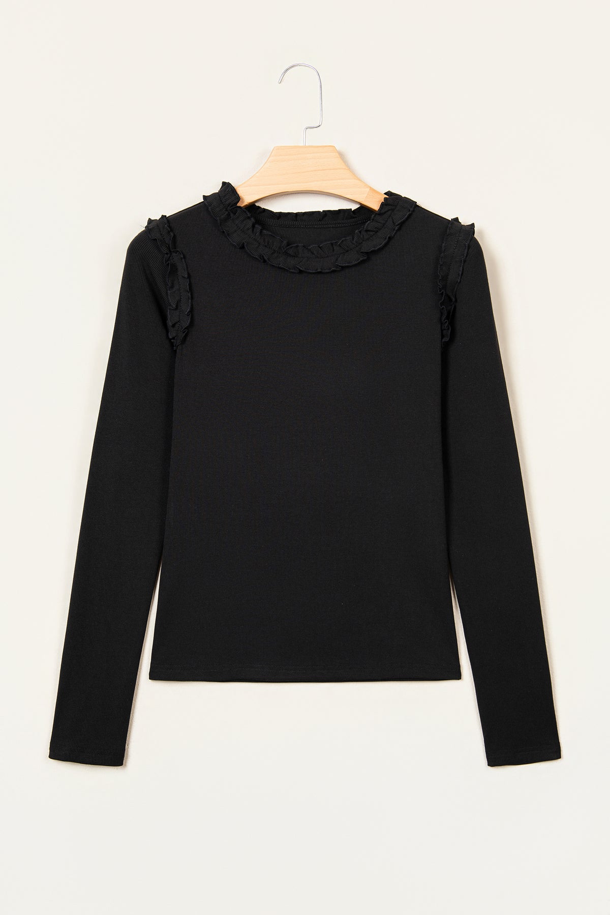 Black Solid Color Round Neck Frill Detail Long Sleeve Top
