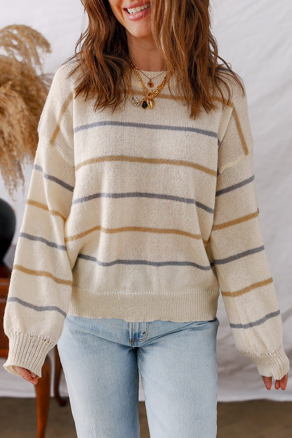 Multicolour Ribbed Edge Drop Shoulder Sweater