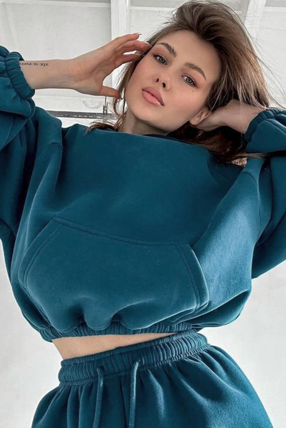 Peacock Blue Cozy Hooded Sweatshirt Drawstring Elastic Waistband Cargo Pant Set
