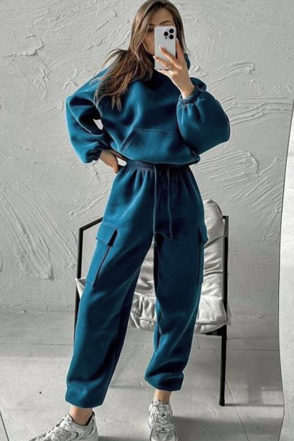 Peacock Blue Cozy Hooded Sweatshirt Drawstring Elastic Waistband Cargo Pant Set