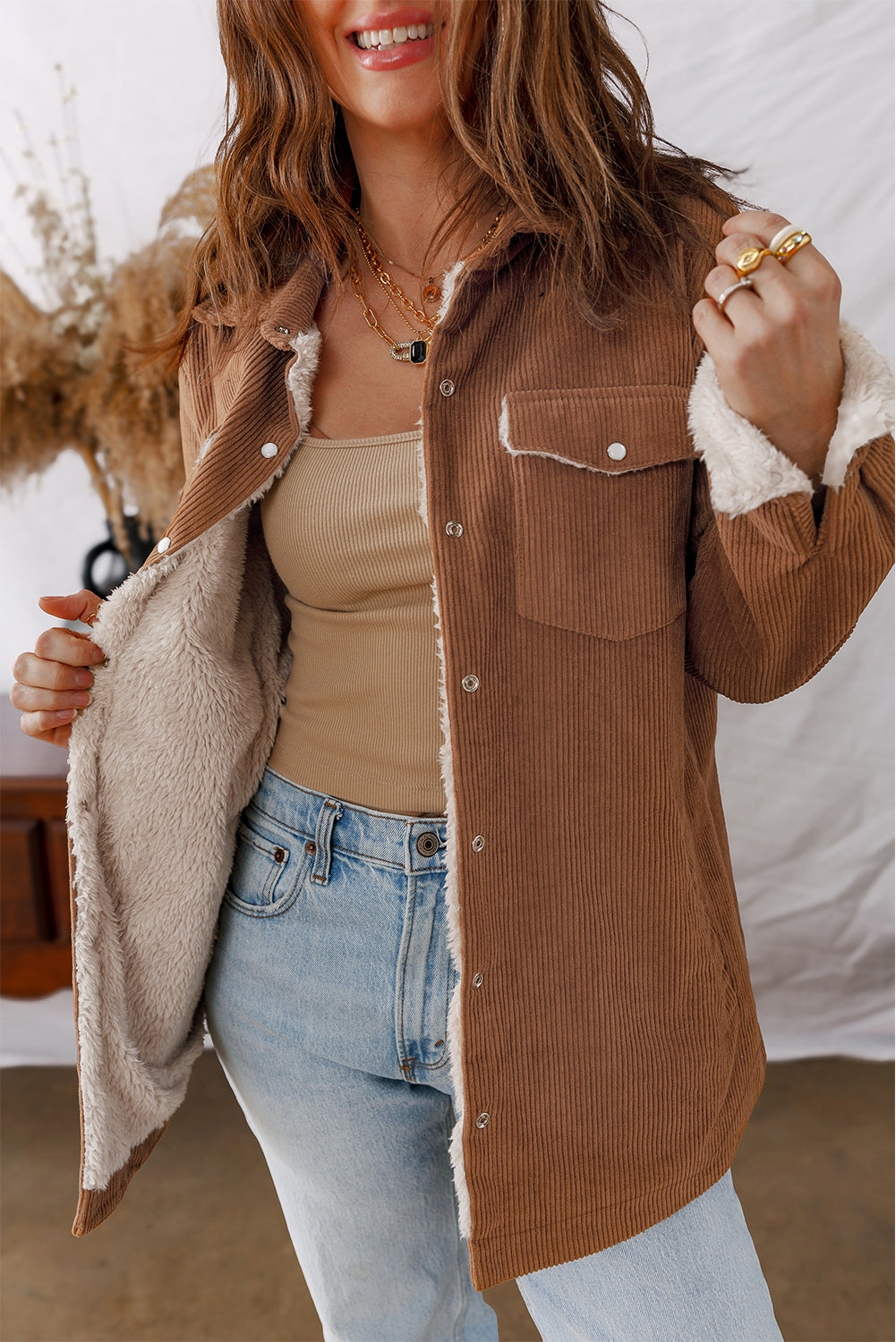 Cinnamon Fleece Lined Buttoned Flap Pockets Corduroy Jacket