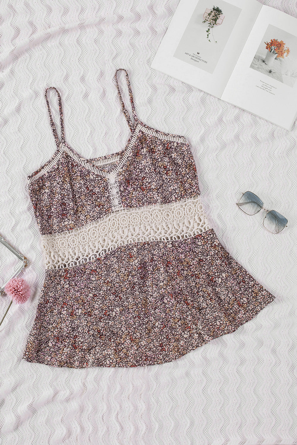Multicolor Floral Print Lace Crochet Spaghetti Strap Tank Top