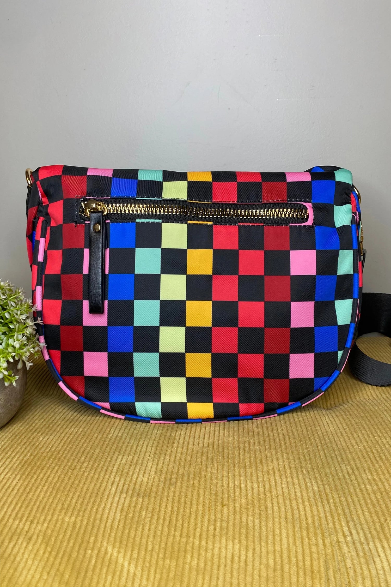 Fiery Red Pretty Checkerboard/ Strawberry Printed Canvas Double Zip Crossbody Bag