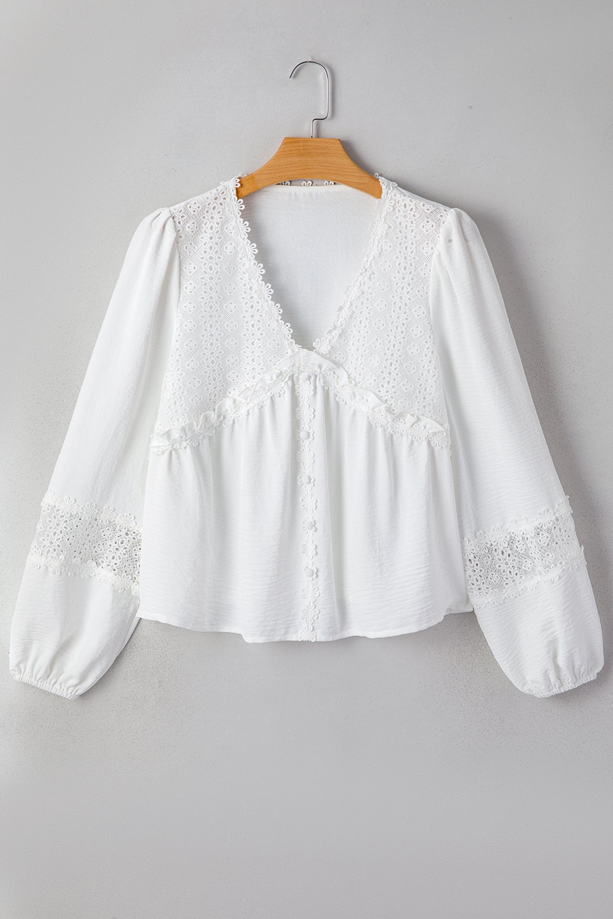 White Solid Color Floral Guipure Lace Patchwork Frilled Long Sleeve Blouse
