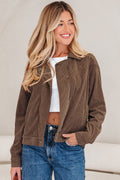 Dark Khaki Button Zip Up Lapel Collar Corduroy Jacket