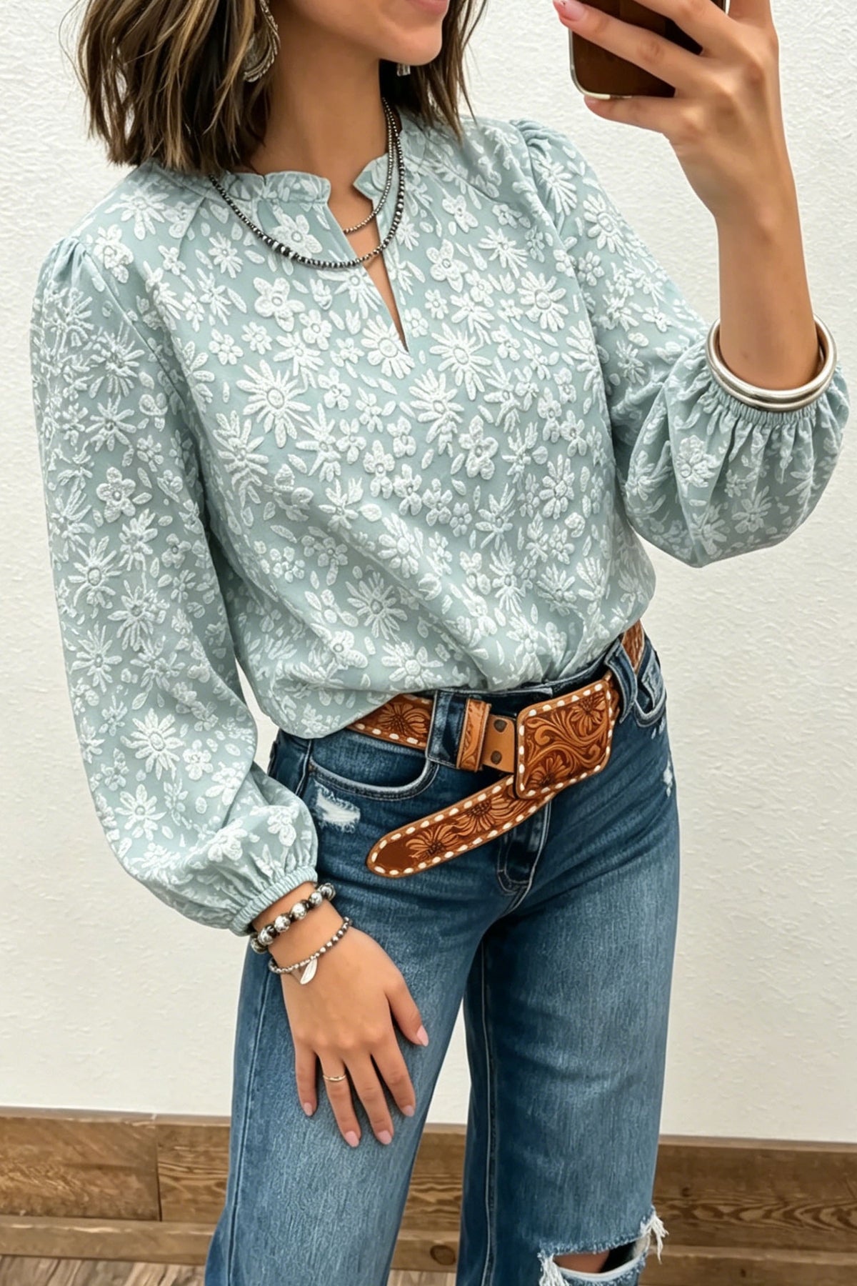Apricot V Neck Floral Textured Long Sleeve Casual Blouse