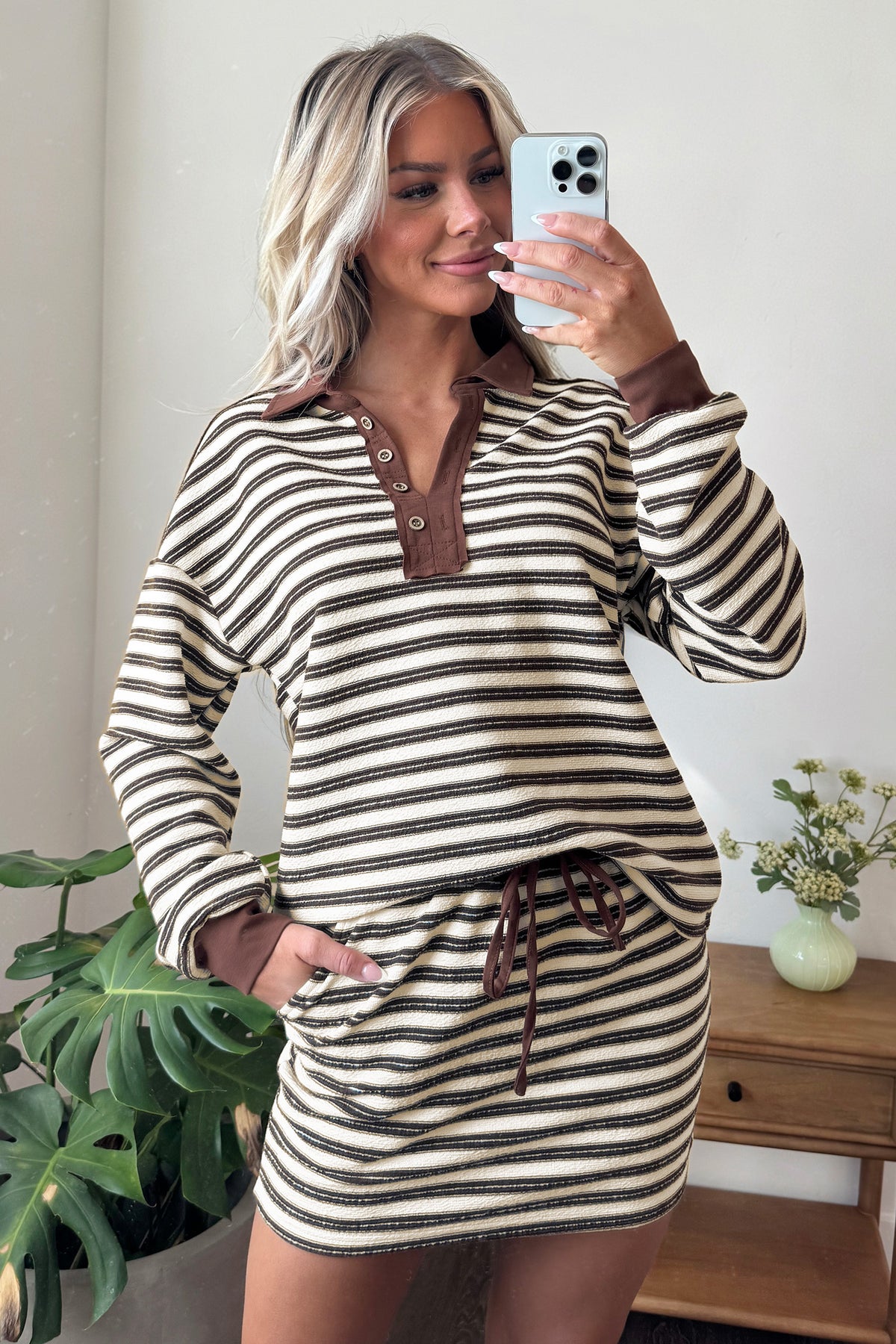 Brown Stripe Contrast Trim Button Neck Long Sleeve Top Drawstring Mini Skort Set