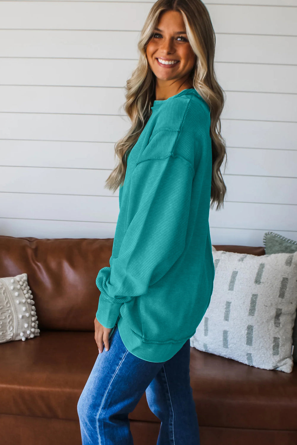 Sea Green Horizontal Ribbed Exposed Seam Detail Drop Shoulder Baggy Pullover