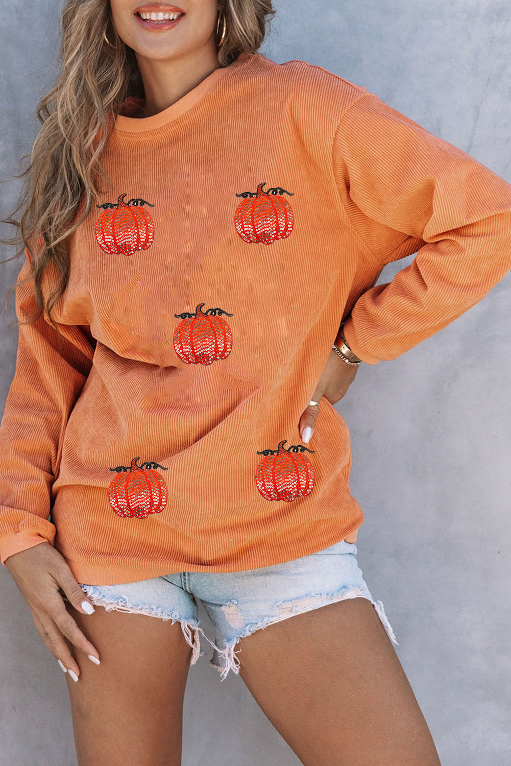 Orange Sequin Pumpkin Patched Twisted Rib Baggy Sweatshirt