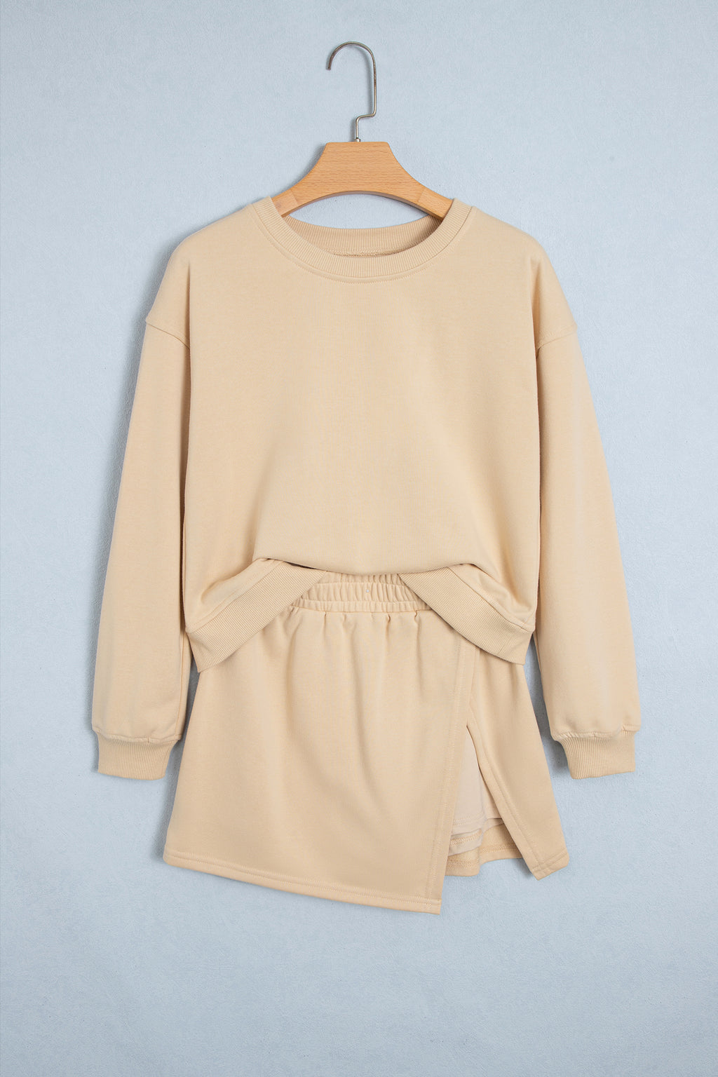 Coffee Solid Color Long Sleeve Top Split Skort 2pcs Outfit