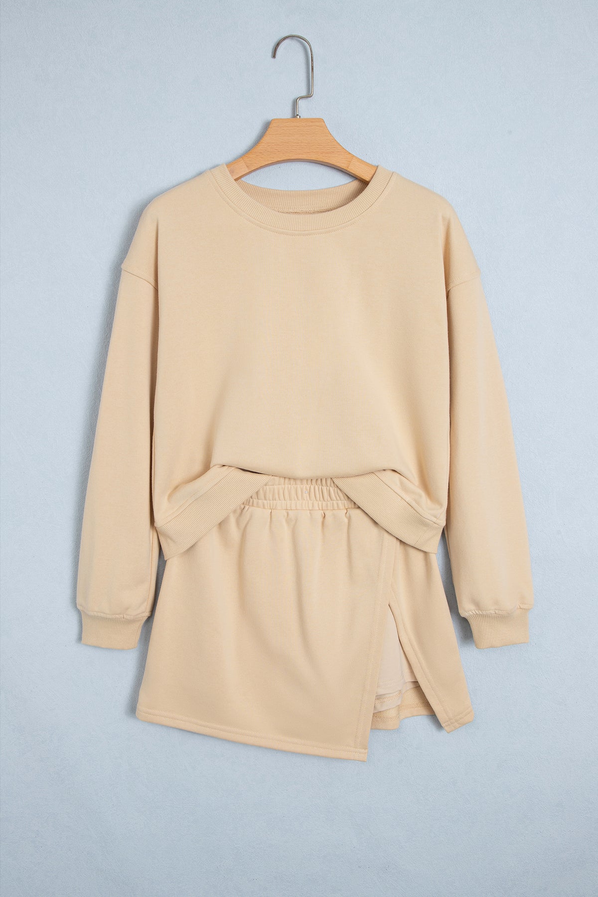 Coffee Solid Color Long Sleeve Top Split Skort 2pcs Outfit