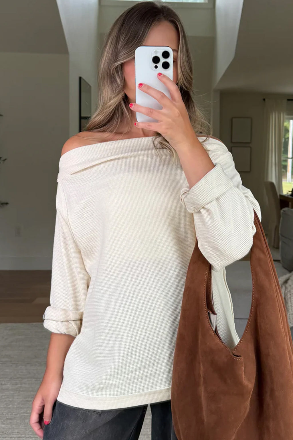 Old Rose Solid Color Waffle Knit Asymmetric Neck Long Sleeve Top