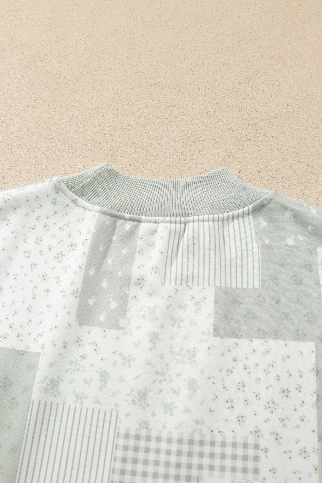 Khaki Patchwork Floral Print Mock Neck Long Sleeve Sweatshirt