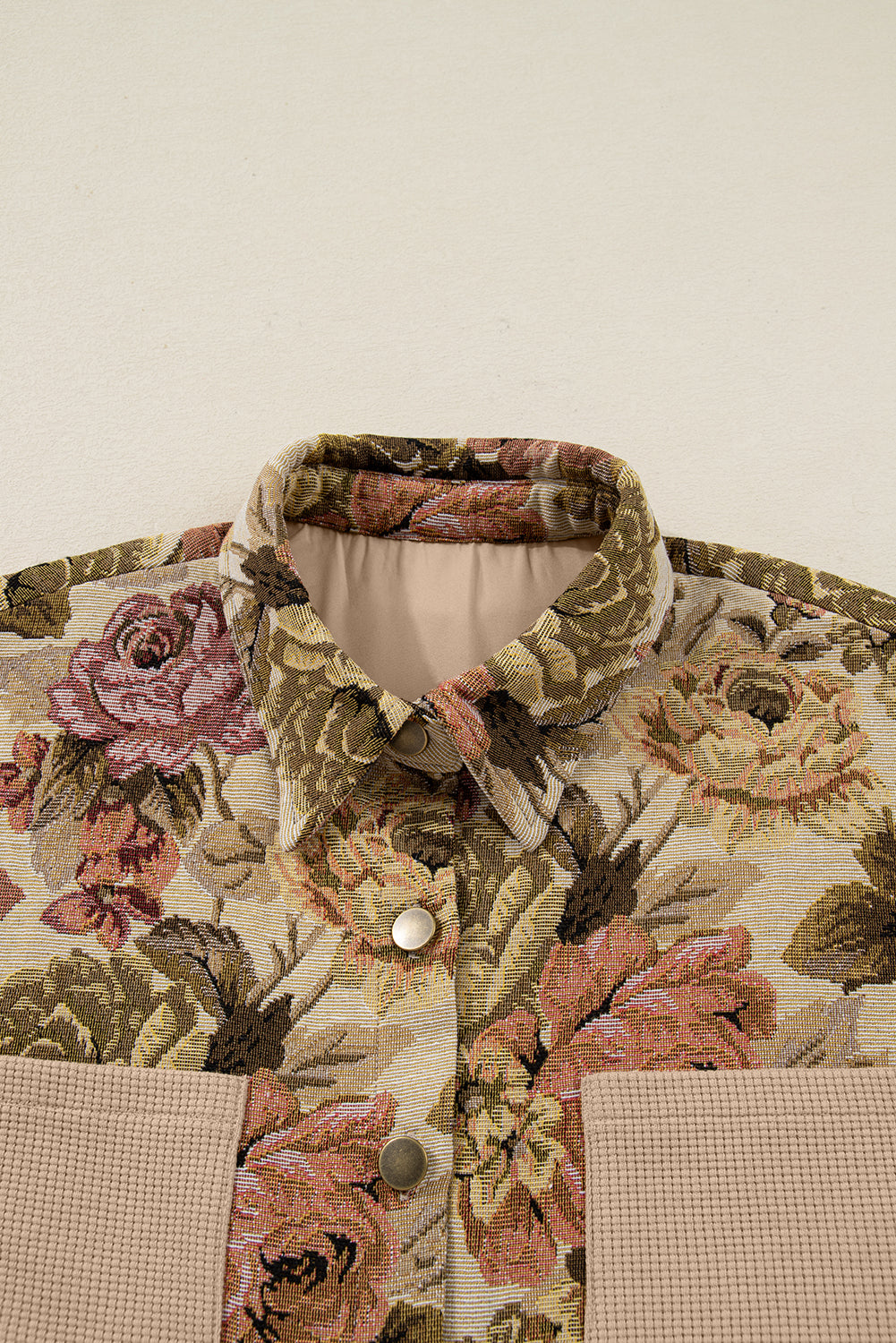 Khaki Floral Waffle Knit Patchwork Chest Pockets Buttoned Jacket