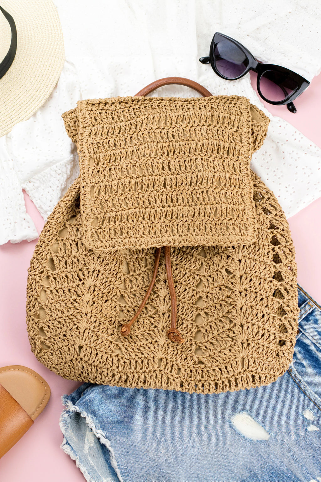Thai Curry Retro Straw Woven PU Leather Straps Casual Backpack