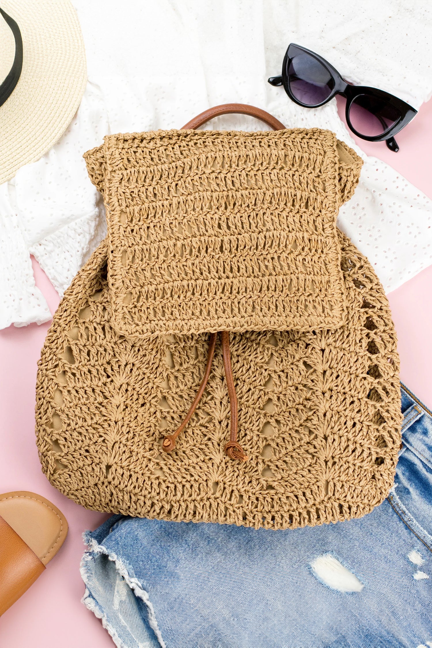 Thai Curry Retro Straw Woven PU Leather Straps Casual Backpack