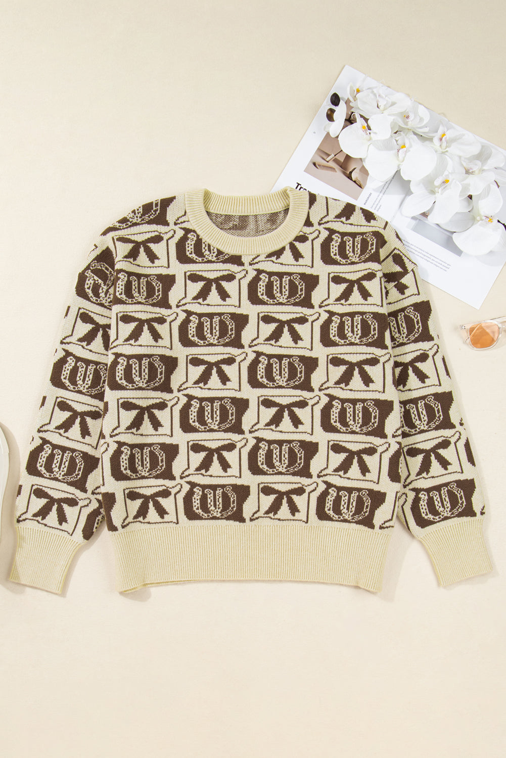 Brown Bow Horseshoe Print Checkered Plus Size Sweater