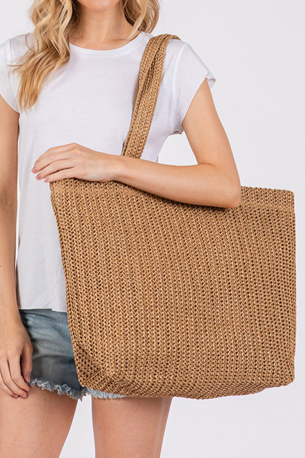 Parchment Solid Color Straw Woven Summer Beach Tote Bag
