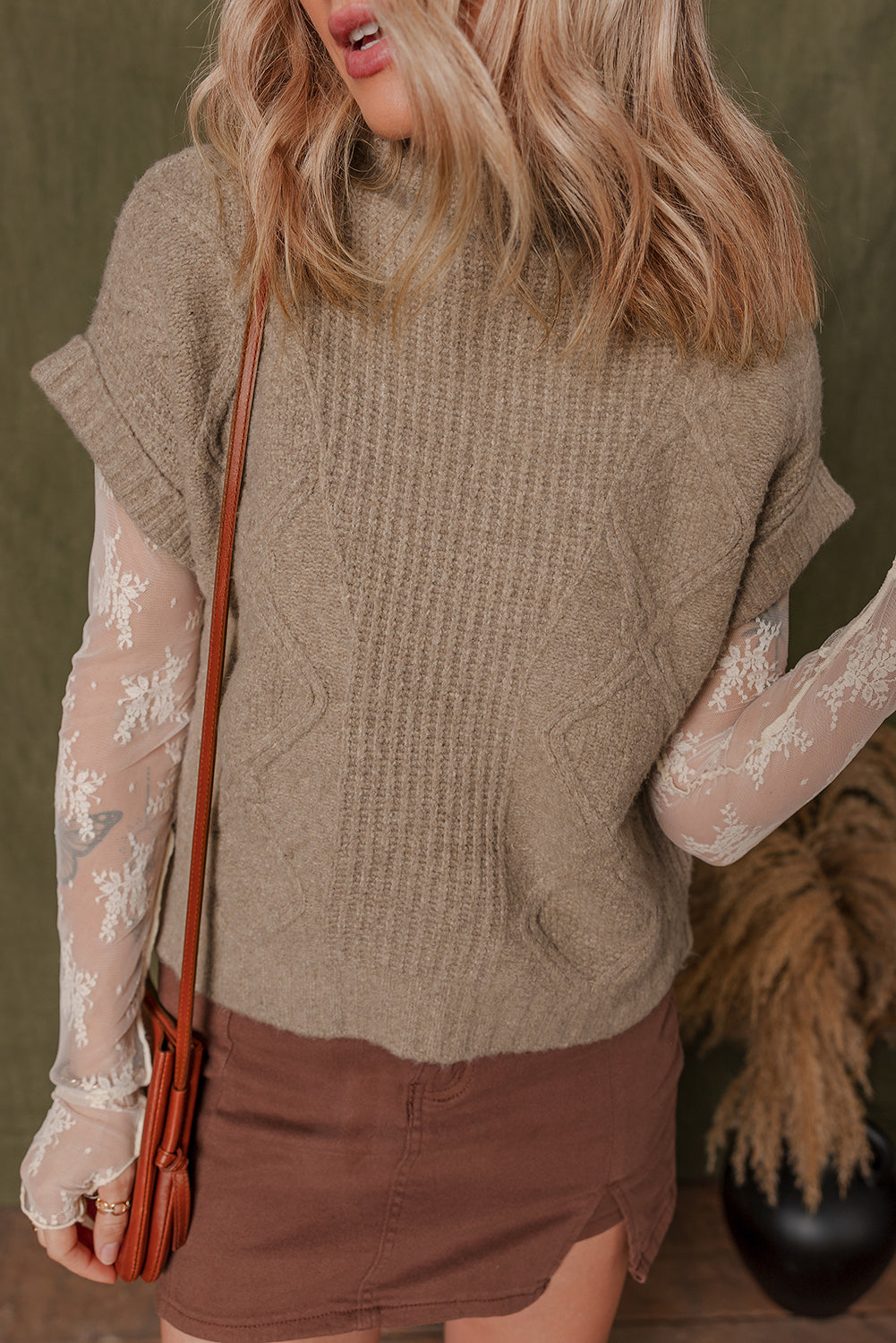 Smoke Gray Textured Knit High Neck Sweater T Shirt