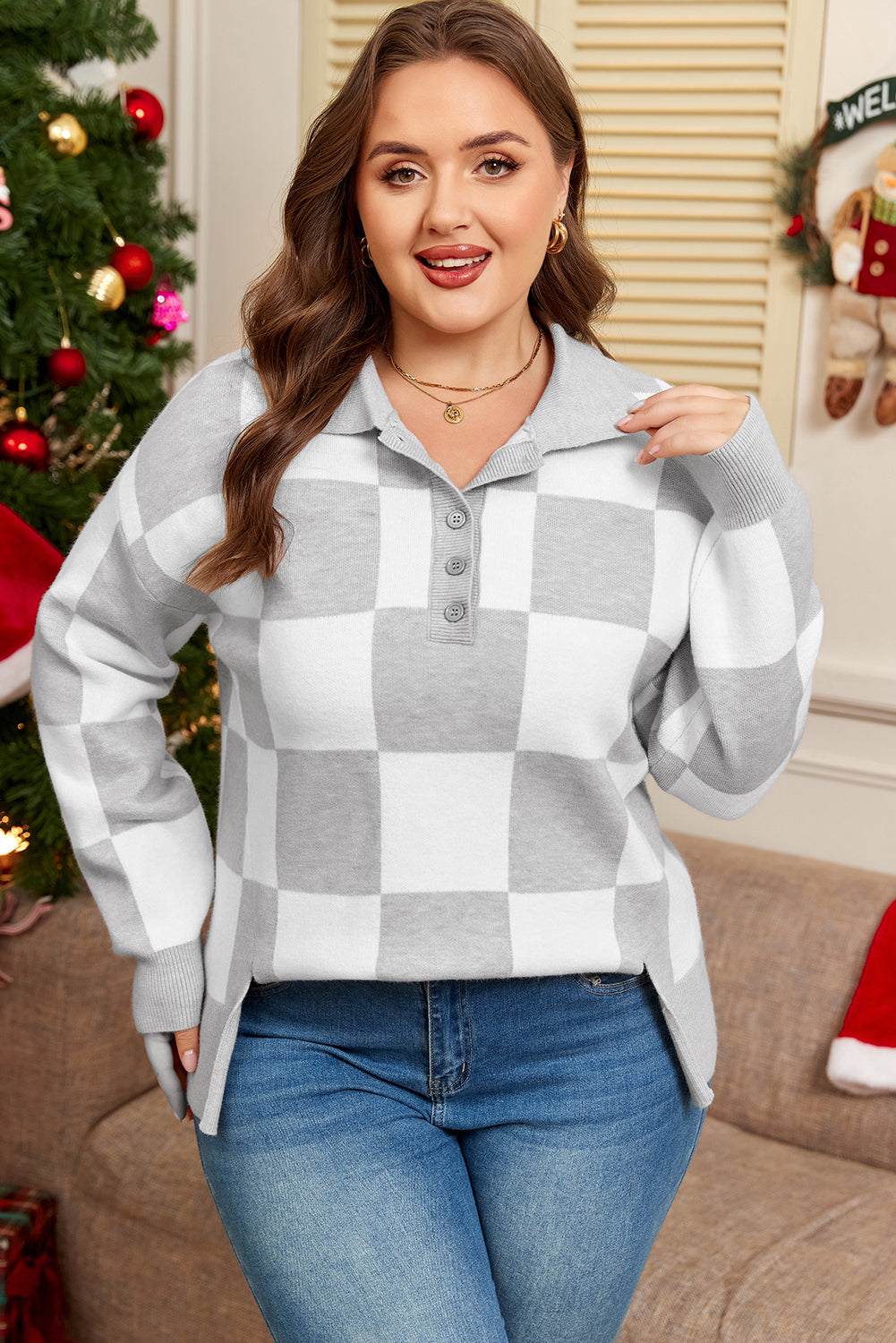 Gray Plus Size Checkered Pattern Button Polo Collar Split Sweater